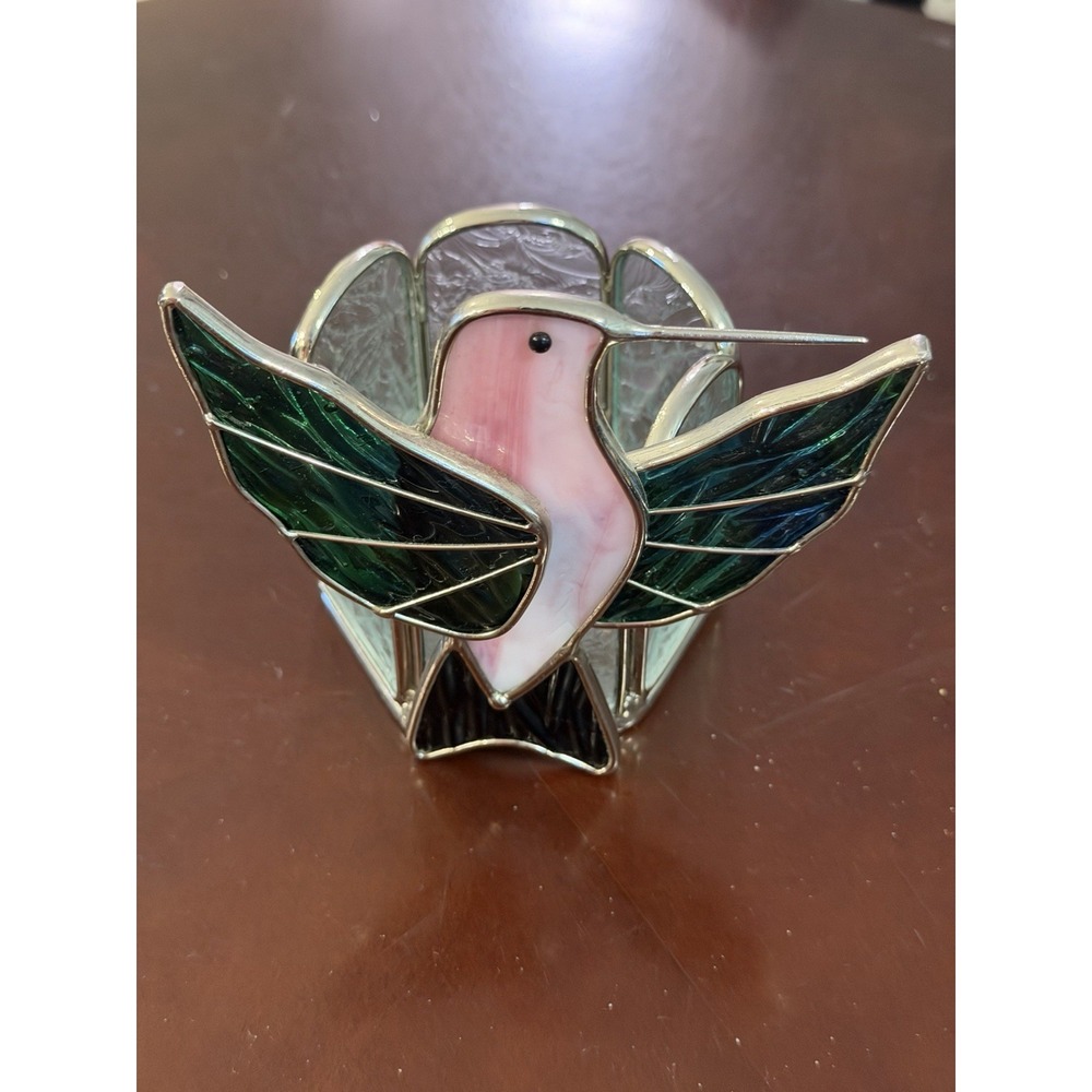 Stunning Blue Green Pink Colorful Stained Glass Hummingbird Candle Votive Holder